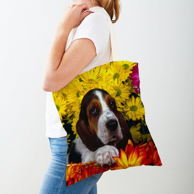 Двустранна чанта за пазаруване на кучета с басет хрътка Платнена дамска дамска ръчна чанта Сладък домашен любимец Животински модел Ежедневни пътни чанти за пазаруване