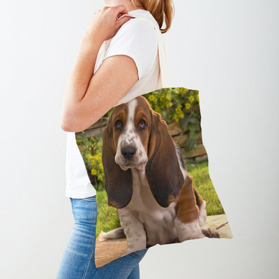 Двустранна чанта за пазаруване на кучета с басет хрътка Платнена дамска дамска ръчна чанта Сладък домашен любимец Животински модел Ежедневни пътни чанти за пазаруване