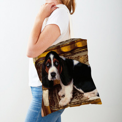 Двустранна чанта за пазаруване на кучета с басет хрътка Платнена дамска дамска ръчна чанта Сладък домашен любимец Животински модел Ежедневни пътни чанти за пазаруване