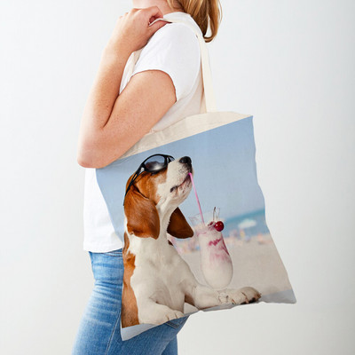 Двустранна чанта за пазаруване на кучета с басет хрътка Платнена дамска дамска ръчна чанта Сладък домашен любимец Животински модел Ежедневни пътни чанти за пазаруване