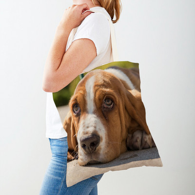 Двустранна чанта за пазаруване на кучета с басет хрътка Платнена дамска дамска ръчна чанта Сладък домашен любимец Животински модел Ежедневни пътни чанти за пазаруване