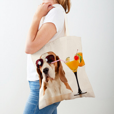 Двустранна чанта за пазаруване на кучета с басет хрътка Платнена дамска дамска ръчна чанта Сладък домашен любимец Животински модел Ежедневни пътни чанти за пазаруване