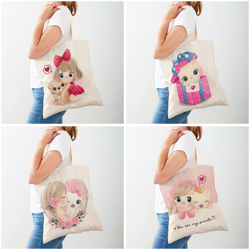 Платнени сладки животински пазарски чанти Пътна чанта за деца Двустранна анимационна чанта с принт на момиче и котка Ежедневна ръчна чанта