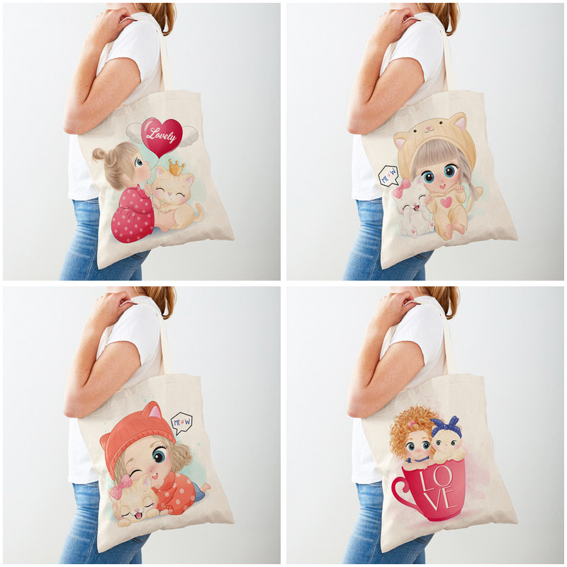 Платнени сладки животински пазарски чанти Пътна чанта за деца Двустранна анимационна чанта с принт на момиче и котка Ежедневна ръчна чанта