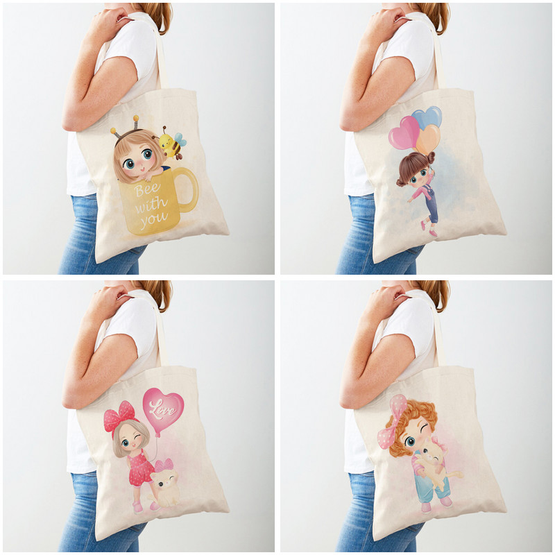 Платнени сладки животински пазарски чанти Пътна чанта за деца Двустранна анимационна чанта с принт на момиче и котка Ежедневна ръчна чанта
