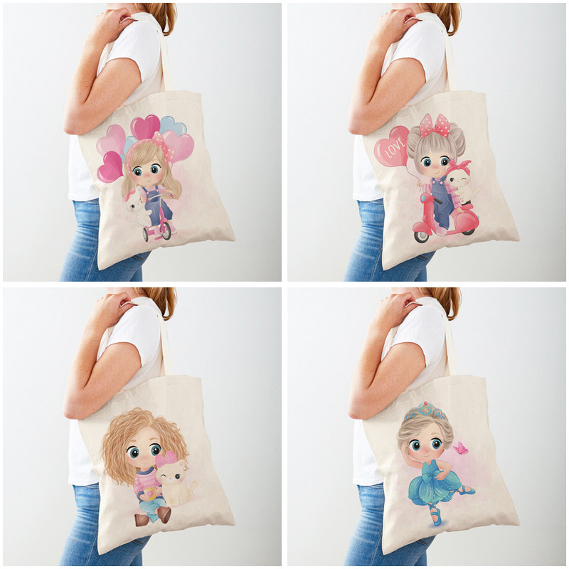 Платнени сладки животински пазарски чанти Пътна чанта за деца Двустранна анимационна чанта с принт на момиче и котка Ежедневна ръчна чанта