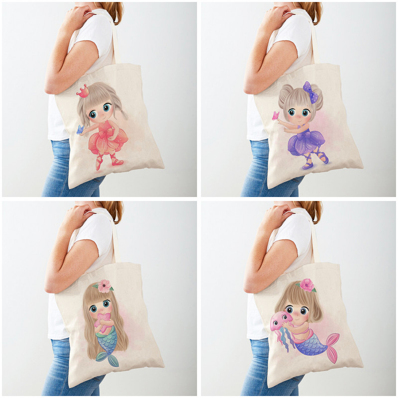 Платнени сладки животински пазарски чанти Пътна чанта за деца Двустранна анимационна чанта с принт на момиче и котка Ежедневна ръчна чанта