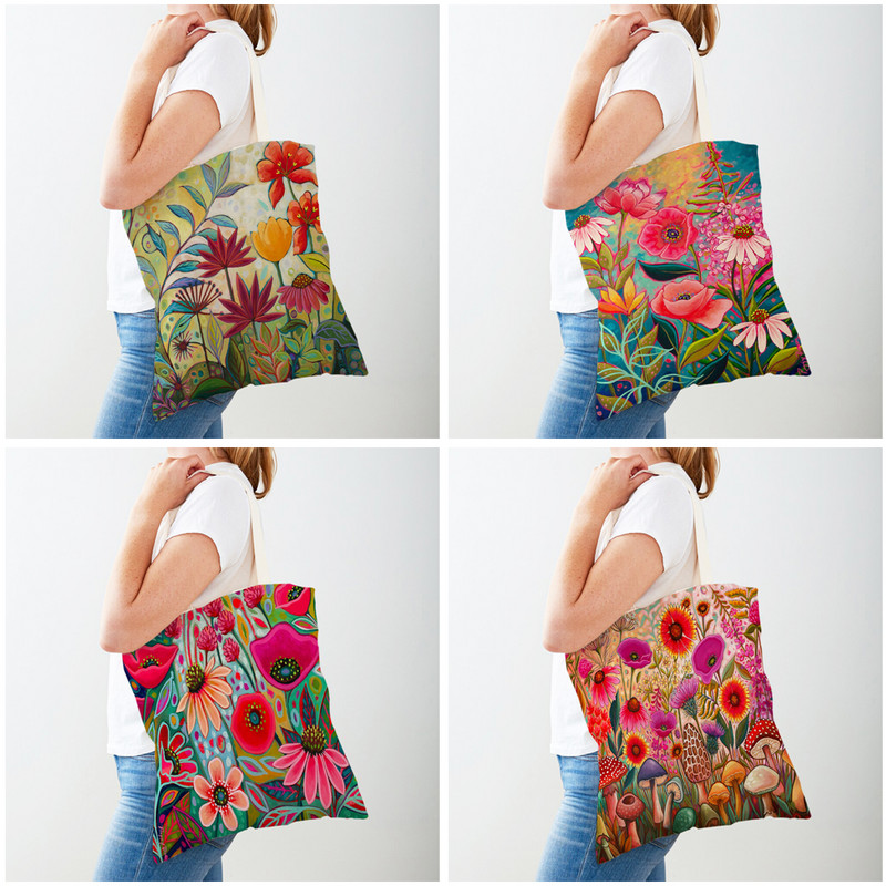 Двустранна анимационна флорална чанта за пазаруване Многократно сгъваема платнена дамска чанти с акварелни цветя Дамски ежедневни пазарски чанти