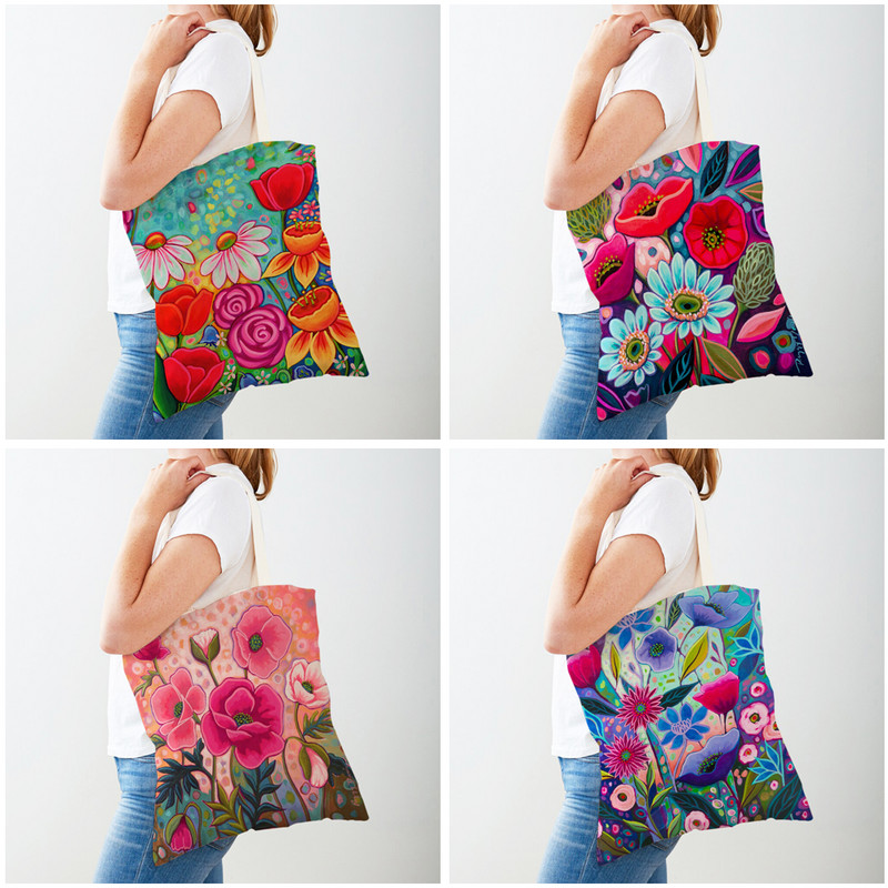 Двустранна анимационна флорална чанта за пазаруване Многократно сгъваема платнена дамска чанти с акварелни цветя Дамски ежедневни пазарски чанти