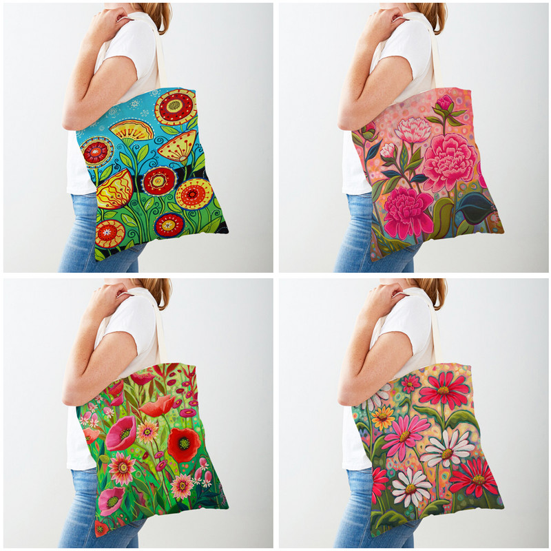 Двустранна анимационна флорална чанта за пазаруване Многократно сгъваема платнена дамска чанти с акварелни цветя Дамски ежедневни пазарски чанти