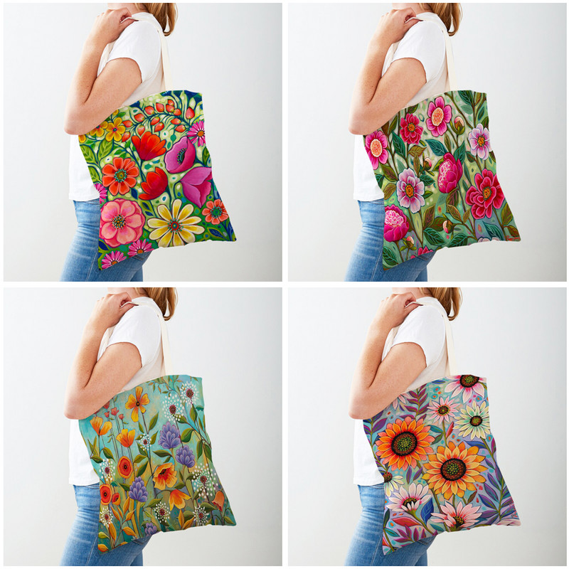Двустранна анимационна флорална чанта за пазаруване Многократно сгъваема платнена дамска чанти с акварелни цветя Дамски ежедневни пазарски чанти