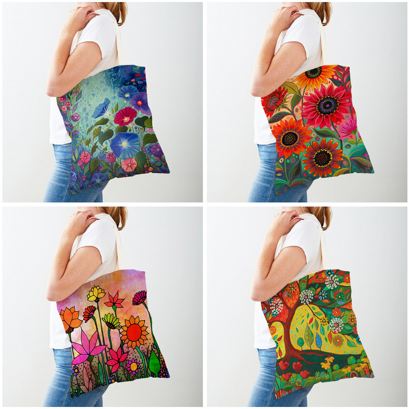 Двустранна анимационна флорална чанта за пазаруване Многократно сгъваема платнена дамска чанти с акварелни цветя Дамски ежедневни пазарски чанти