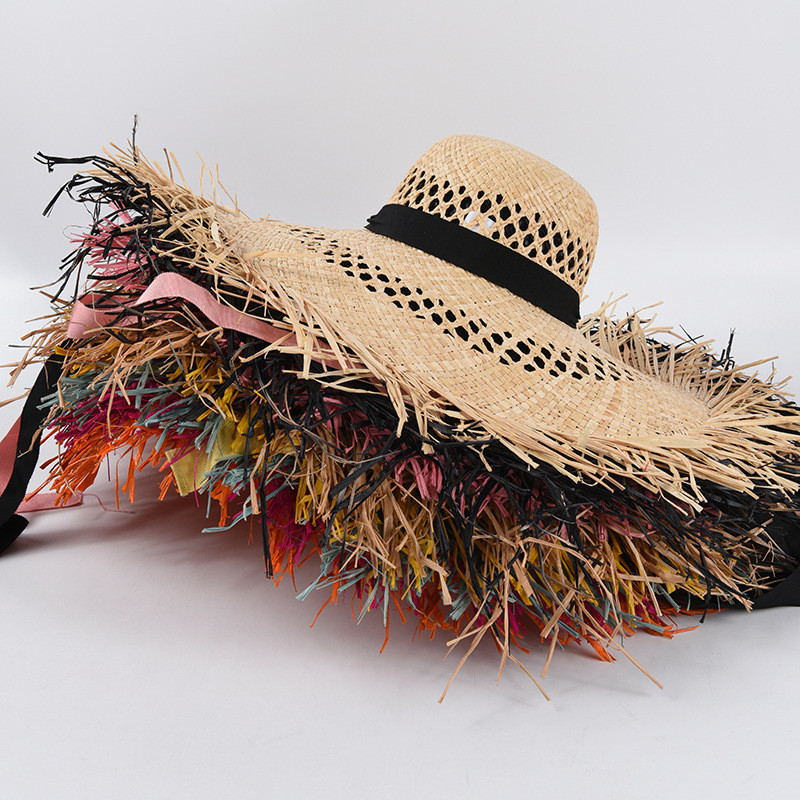 Лятна дамска плажна сламена шапка за слънце Лятна UV шапка за слънце с широка периферия Сгъваема плажна шапка Boho Rafia сламена флопи шапка Риболовна шапка