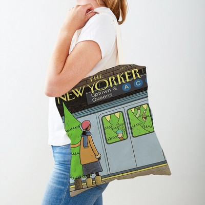 Dupla nyomtatás The New Yorker City Magazin női bevásárlótáskák Alkalmi vásárlói táska Vintage női vászon tote levél virágos kézitáska