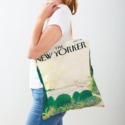 Dupla nyomtatás The New Yorker City Magazin női bevásárlótáskák Alkalmi vásárlói táska Vintage női vászon tote levél virágos kézitáska