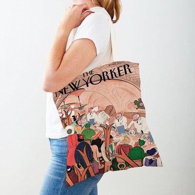 Dupla nyomtatás The New Yorker City Magazin női bevásárlótáskák Alkalmi vásárlói táska Vintage női vászon tote levél virágos kézitáska
