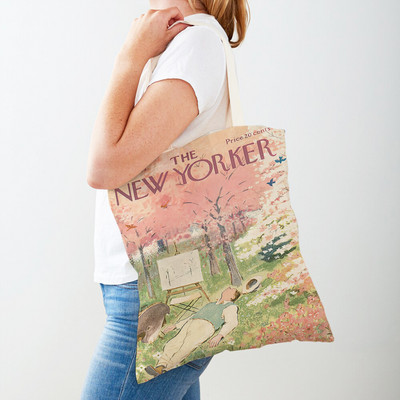 Dupla nyomtatás The New Yorker City Magazin női bevásárlótáskák Alkalmi vásárlói táska Vintage női vászon tote levél virágos kézitáska