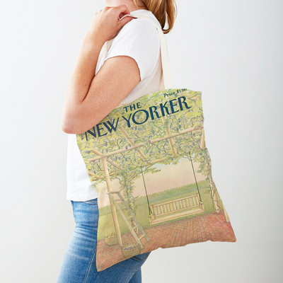 Dupla nyomtatás The New Yorker City Magazin női bevásárlótáskák Alkalmi vásárlói táska Vintage női vászon tote levél virágos kézitáska