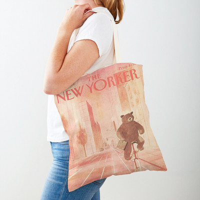 Dupla nyomtatás The New Yorker City Magazin női bevásárlótáskák Alkalmi vásárlói táska Vintage női vászon tote levél virágos kézitáska