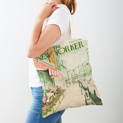 Dupla nyomtatás The New Yorker City Magazin női bevásárlótáskák Alkalmi vásárlói táska Vintage női vászon tote levél virágos kézitáska
