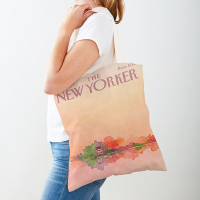 Dupla nyomtatás The New Yorker City Magazin női bevásárlótáskák Alkalmi vásárlói táska Vintage női vászon tote levél virágos kézitáska