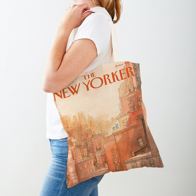 Dupla nyomtatás The New Yorker City Magazin női bevásárlótáskák Alkalmi vásárlói táska Vintage női vászon tote levél virágos kézitáska