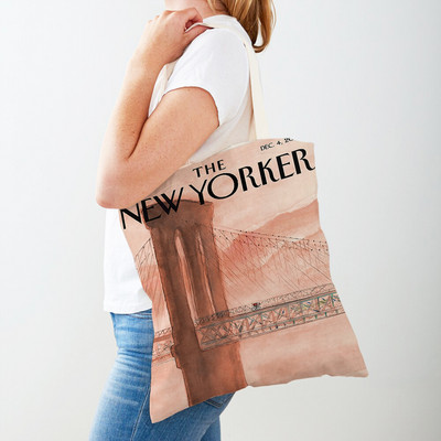 Dupla nyomtatás The New Yorker City Magazin női bevásárlótáskák Alkalmi vásárlói táska Vintage női vászon tote levél virágos kézitáska