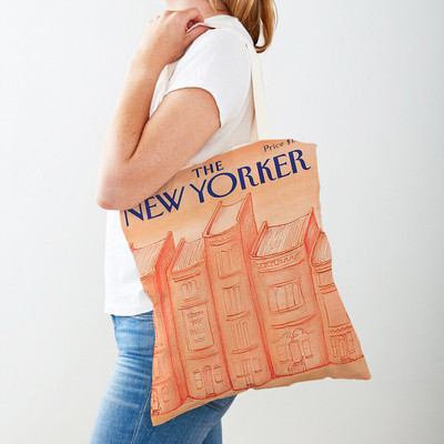 Dupla nyomtatás The New Yorker City Magazin női bevásárlótáskák Alkalmi vásárlói táska Vintage női vászon tote levél virágos kézitáska
