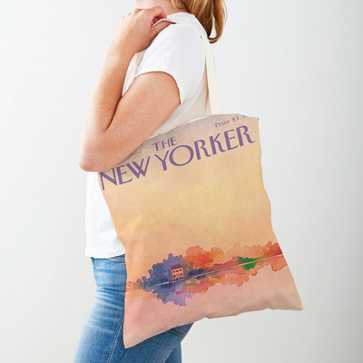 Dupla nyomtatás The New Yorker City Magazin női bevásárlótáskák Alkalmi vásárlói táska Vintage női vászon tote levél virágos kézitáska