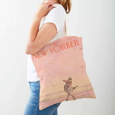 Dupla nyomtatás The New Yorker City Magazin női bevásárlótáskák Alkalmi vásárlói táska Vintage női vászon tote levél virágos kézitáska