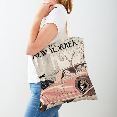 Dupla nyomtatás The New Yorker City Magazin női bevásárlótáskák Alkalmi vásárlói táska Vintage női vászon tote levél virágos kézitáska