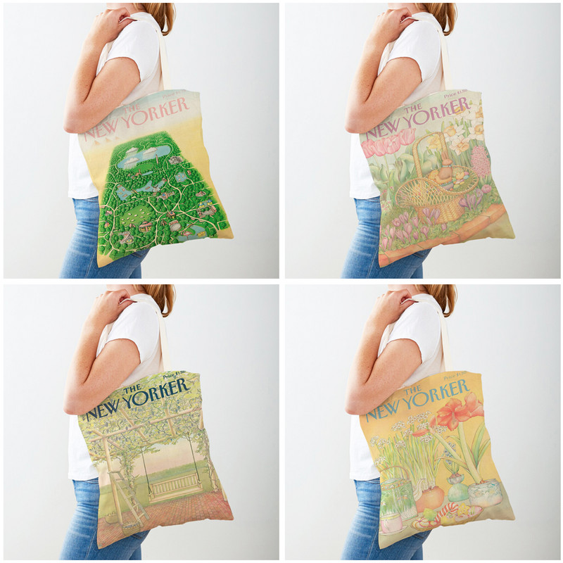 Двоен печат The New Yorker City Magazine Дамски пазарски чанти Ежедневна пазарска чанта Vintage Lady Canvas Tote Leaf Flower Handчанта
