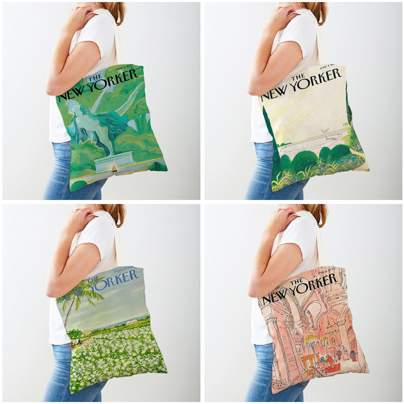 Двоен печат The New Yorker City Magazine Дамски пазарски чанти Ежедневна пазарска чанта Vintage Lady Canvas Tote Leaf Flower Handчанта