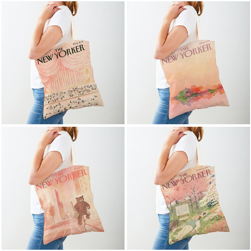 Двоен печат The New Yorker City Magazine Дамски пазарски чанти Ежедневна пазарска чанта Vintage Lady Canvas Tote Leaf Flower Handчанта