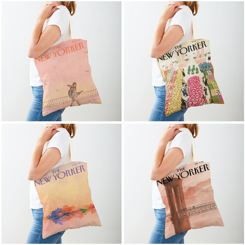 Двоен печат The New Yorker City Magazine Дамски пазарски чанти Ежедневна пазарска чанта Vintage Lady Canvas Tote Leaf Flower Handчанта