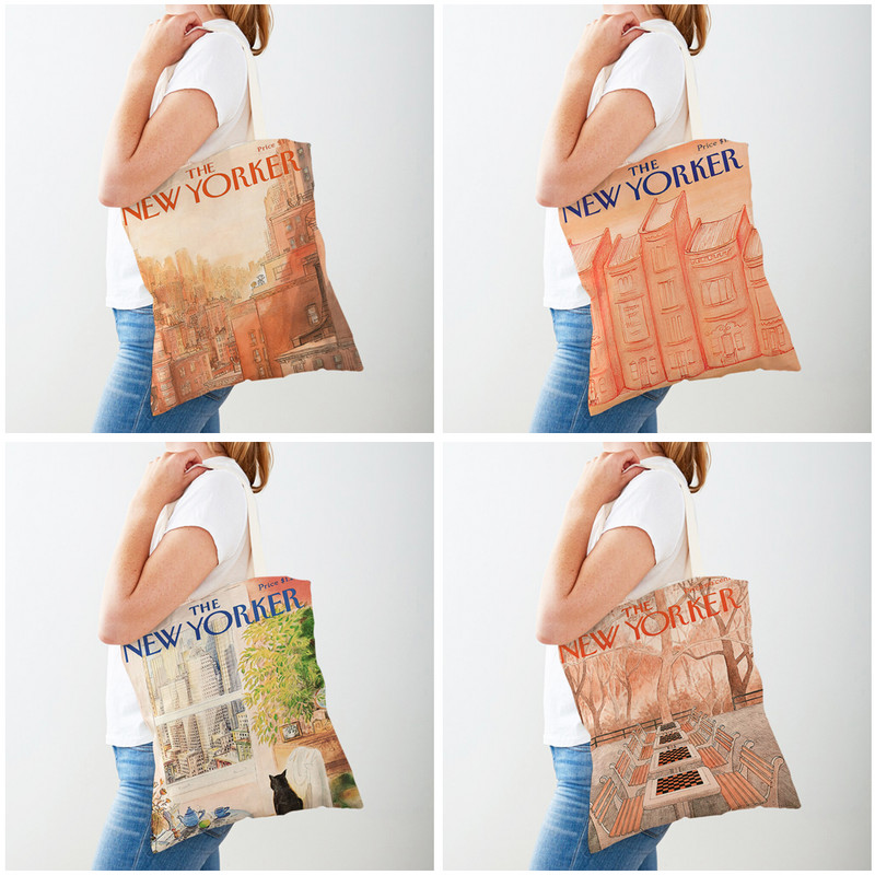 Двоен печат The New Yorker City Magazine Дамски пазарски чанти Ежедневна пазарска чанта Vintage Lady Canvas Tote Leaf Flower Handчанта