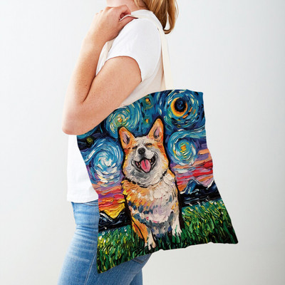 Divat Van Gogh Csillagos égbolt Kutya Kézitáska Kézitáska Állati Vásárlótáska Mindkét oldalon Olajfestmény Alkalmi vászon Kendő női bevásárlótáskák