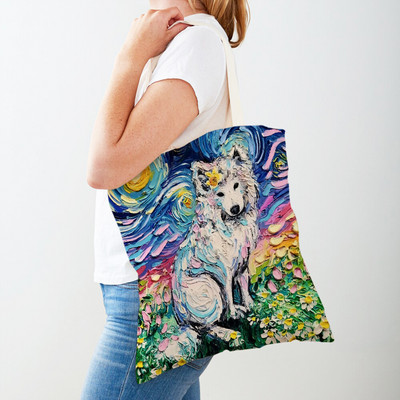 Divat Van Gogh Csillagos égbolt Kutya Kézitáska Kézitáska Állati Vásárlótáska Mindkét oldalon Olajfestmény Alkalmi vászon Kendő női bevásárlótáskák