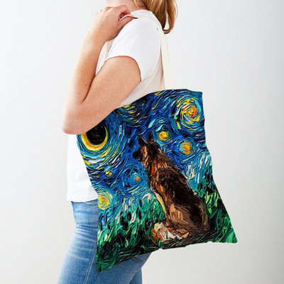 Divat Van Gogh Csillagos égbolt Kutya Kézitáska Kézitáska Állati Vásárlótáska Mindkét oldalon Olajfestmény Alkalmi vászon Kendő női bevásárlótáskák