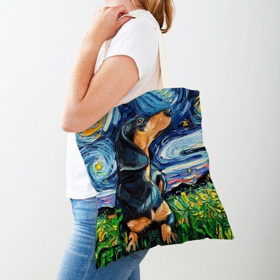 Divat Van Gogh Csillagos égbolt Kutya Kézitáska Kézitáska Állati Vásárlótáska Mindkét oldalon Olajfestmény Alkalmi vászon Kendő női bevásárlótáskák