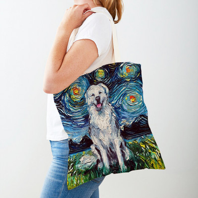 Divat Van Gogh Csillagos égbolt Kutya Kézitáska Kézitáska Állati Vásárlótáska Mindkét oldalon Olajfestmény Alkalmi vászon Kendő női bevásárlótáskák