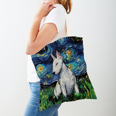 Divat Van Gogh Csillagos égbolt Kutya Kézitáska Kézitáska Állati Vásárlótáska Mindkét oldalon Olajfestmény Alkalmi vászon Kendő női bevásárlótáskák