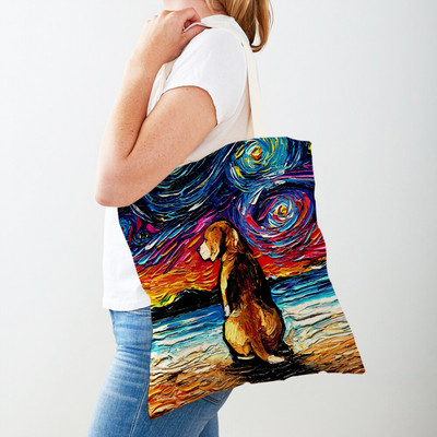 Divat Van Gogh Csillagos égbolt Kutya Kézitáska Kézitáska Állati Vásárlótáska Mindkét oldalon Olajfestmény Alkalmi vászon Kendő női bevásárlótáskák