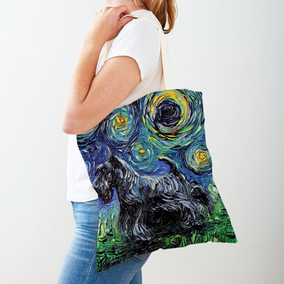 Divat Van Gogh Csillagos égbolt Kutya Kézitáska Kézitáska Állati Vásárlótáska Mindkét oldalon Olajfestmény Alkalmi vászon Kendő női bevásárlótáskák