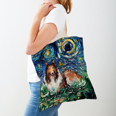 Divat Van Gogh Csillagos égbolt Kutya Kézitáska Kézitáska Állati Vásárlótáska Mindkét oldalon Olajfestmény Alkalmi vászon Kendő női bevásárlótáskák