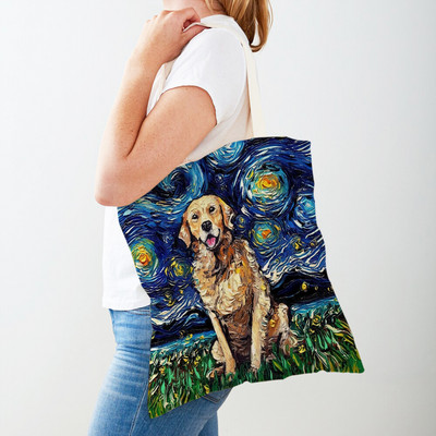 Divat Van Gogh Csillagos égbolt Kutya Kézitáska Kézitáska Állati Vásárlótáska Mindkét oldalon Olajfestmény Alkalmi vászon Kendő női bevásárlótáskák