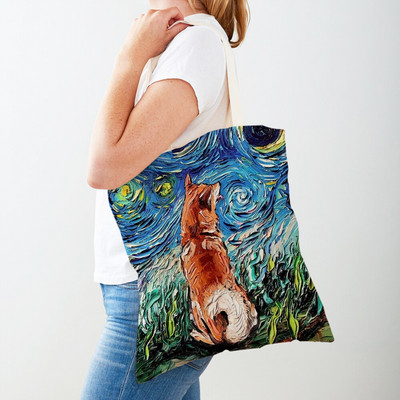 Divat Van Gogh Csillagos égbolt Kutya Kézitáska Kézitáska Állati Vásárlótáska Mindkét oldalon Olajfestmény Alkalmi vászon Kendő női bevásárlótáskák