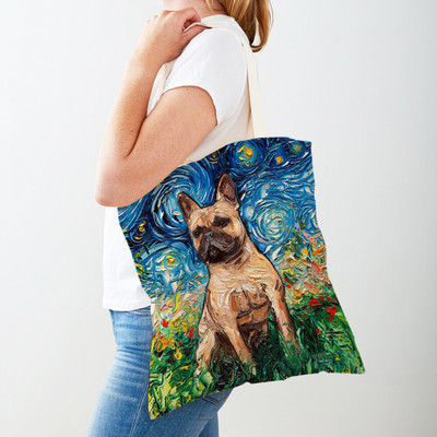Divat Van Gogh Csillagos égbolt Kutya Kézitáska Kézitáska Állati Vásárlótáska Mindkét oldalon Olajfestmény Alkalmi vászon Kendő női bevásárlótáskák