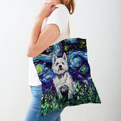 Divat Van Gogh Csillagos égbolt Kutya Kézitáska Kézitáska Állati Vásárlótáska Mindkét oldalon Olajfestmény Alkalmi vászon Kendő női bevásárlótáskák