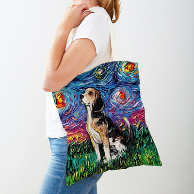 Divat Van Gogh Csillagos égbolt Kutya Kézitáska Kézitáska Állati Vásárlótáska Mindkét oldalon Olajfestmény Alkalmi vászon Kendő női bevásárlótáskák
